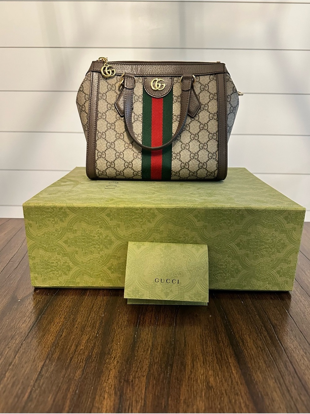 Gucci Beige GG Supreme Satchel with Green-Red Web Stripe